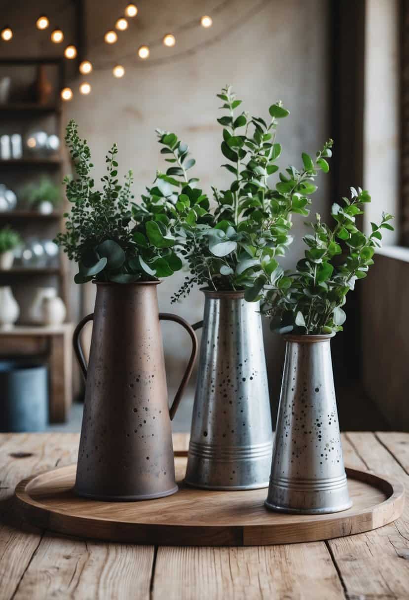 Distressed metal vases arranged on a wooden table with industrial decor and greenery
