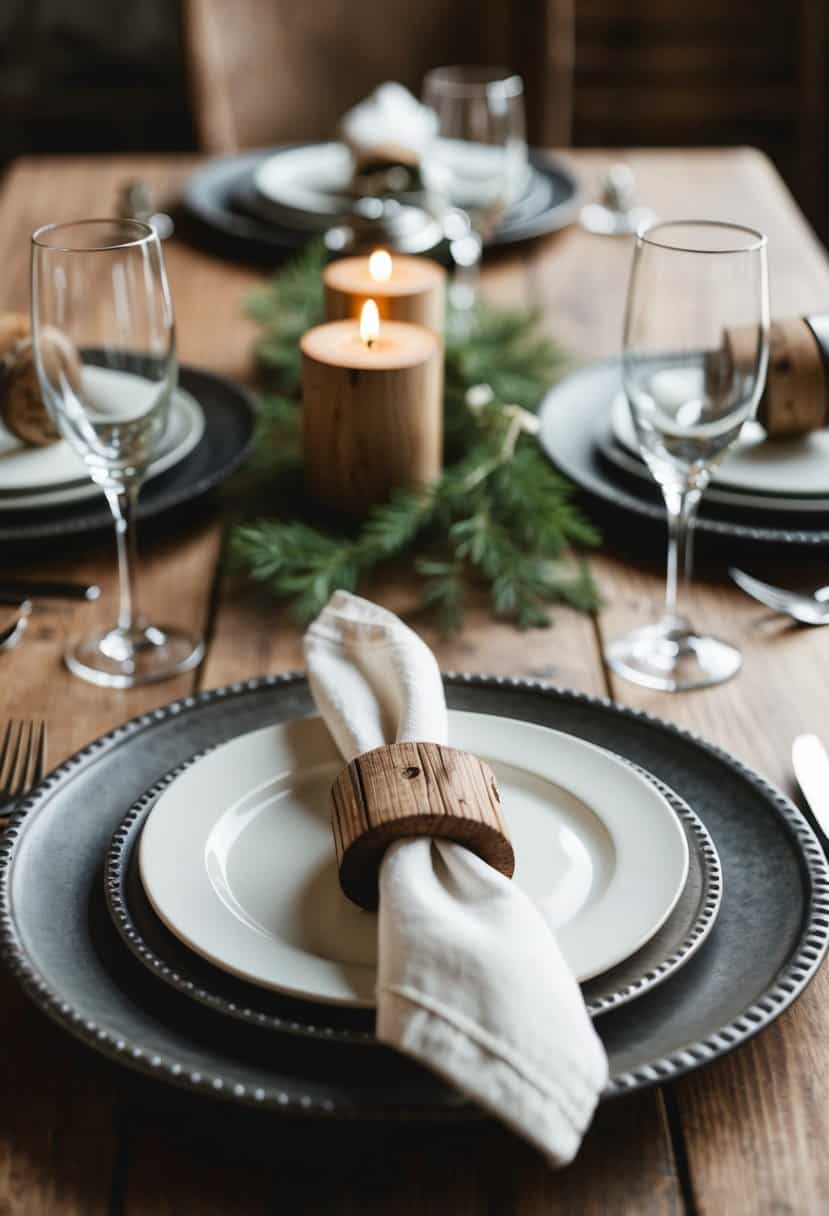 A rustic table setting with salvaged wood napkin rings and industrial accents