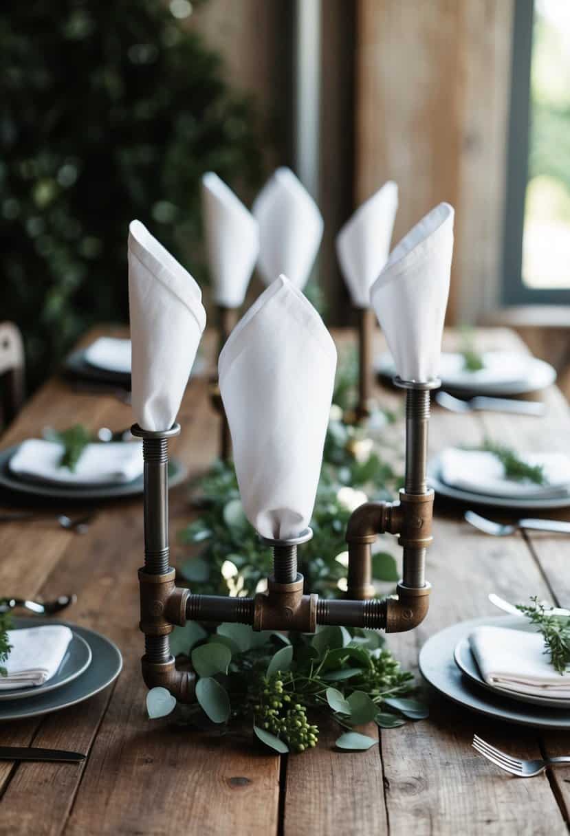 Several industrial-style pipe napkin holders arranged on a rustic wooden table, surrounded by metallic accents and greenery