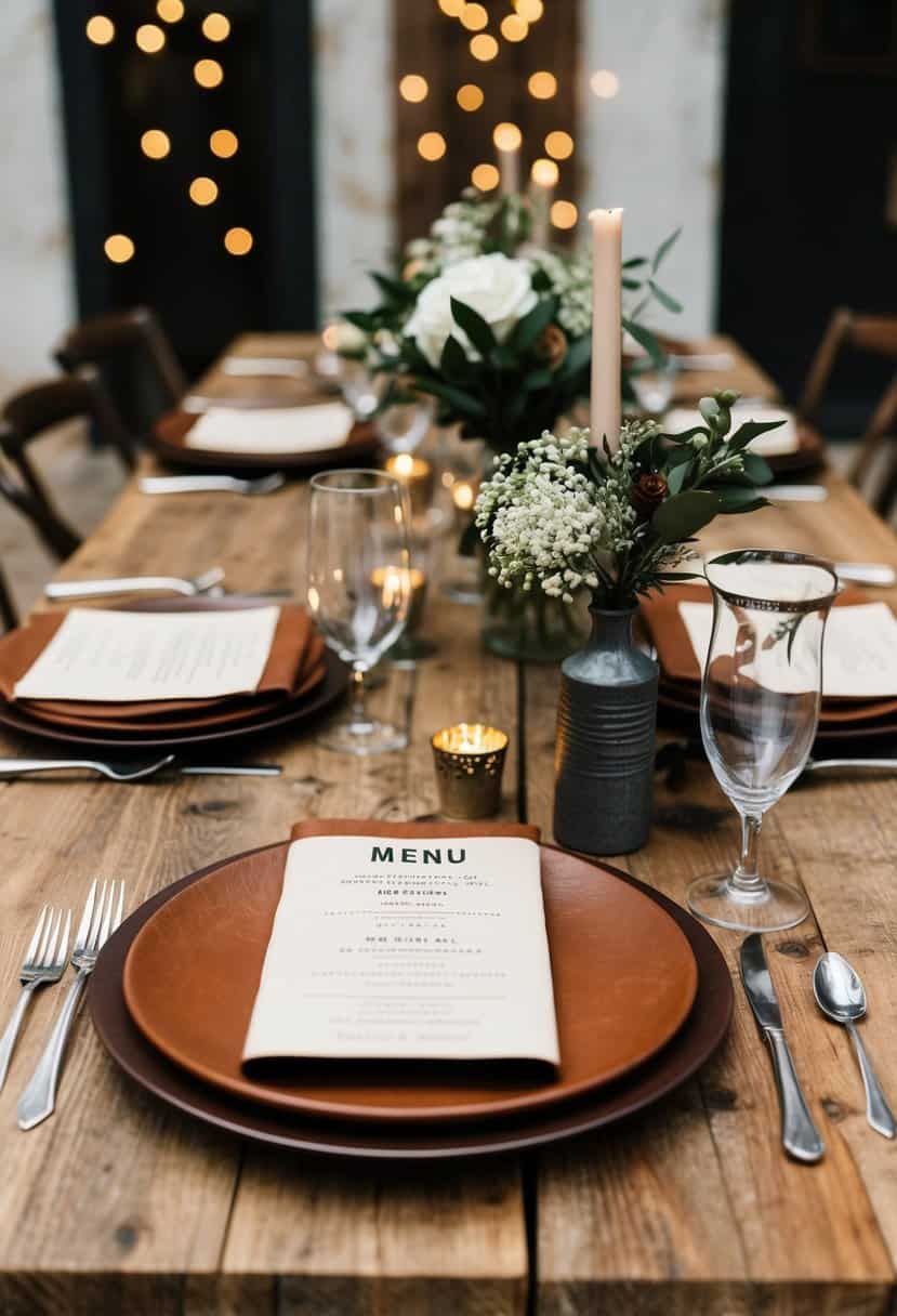 A rustic table set with leather menu covers, adorned with industrial wedding decorations