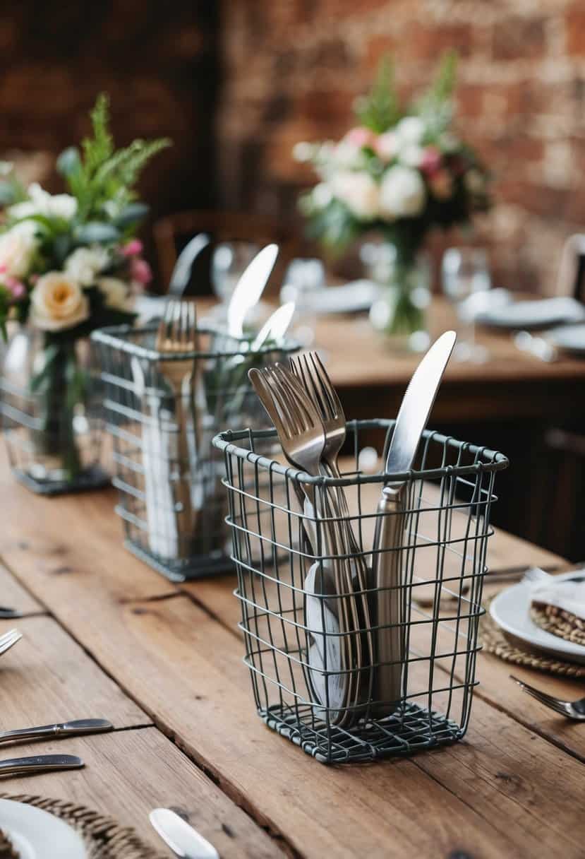 Metal wire baskets filled with cutlery, placed on rustic wooden tables with floral centerpieces
