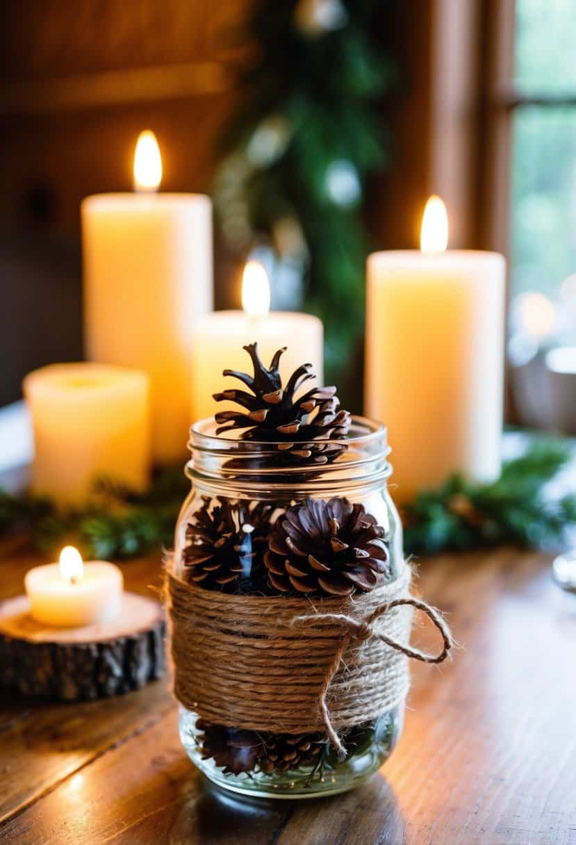 A jam jar filled with pinecones and wrapped in rustic twine sits on a wooden wedding table, surrounded by flickering candlelight
