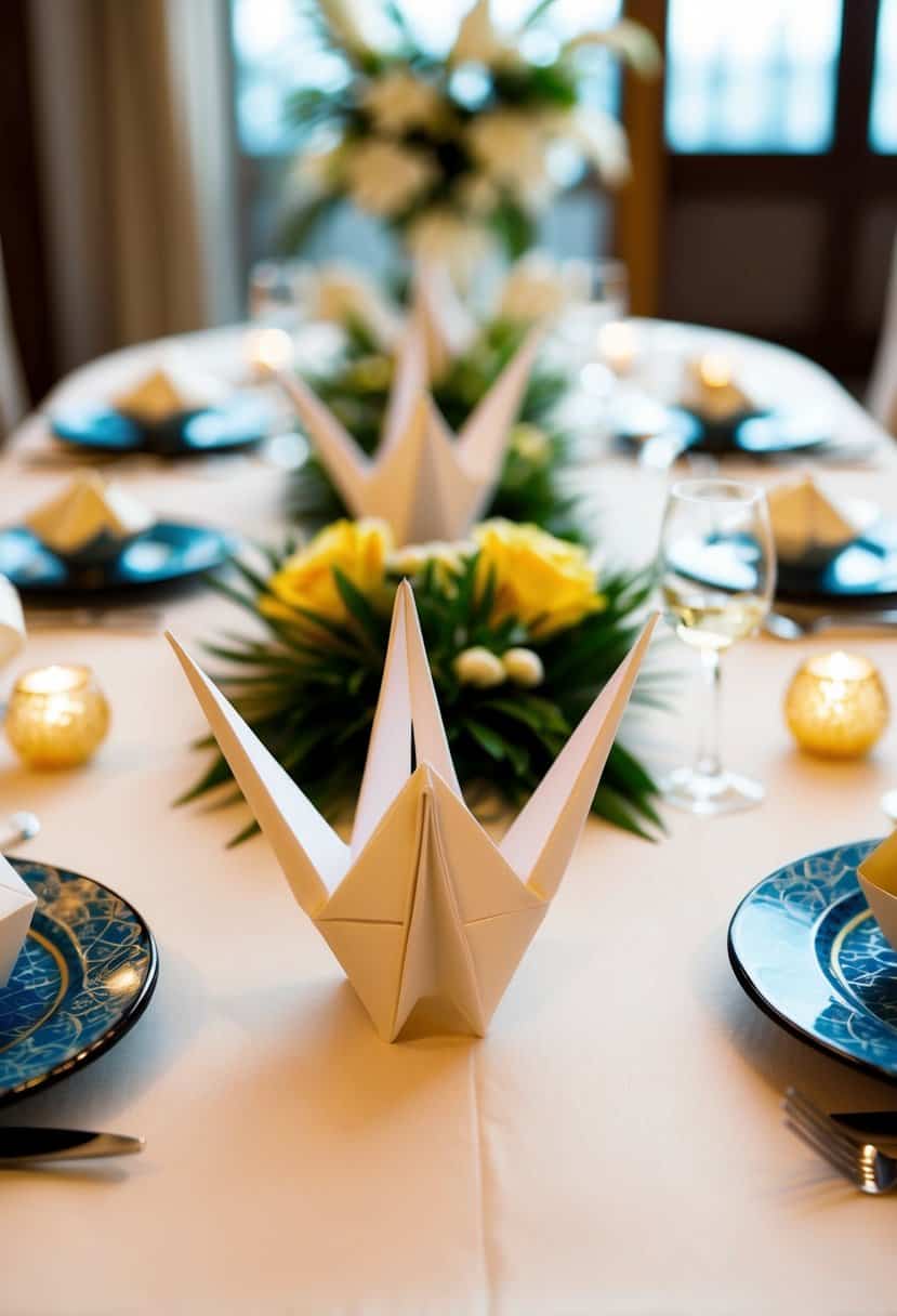 A table set with delicate origami crane place cards, surrounded by traditional Japanese wedding decorations