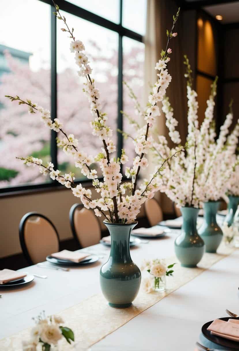 Cherry blossom vases arranged on a Japanese wedding table with delicate floral decorations