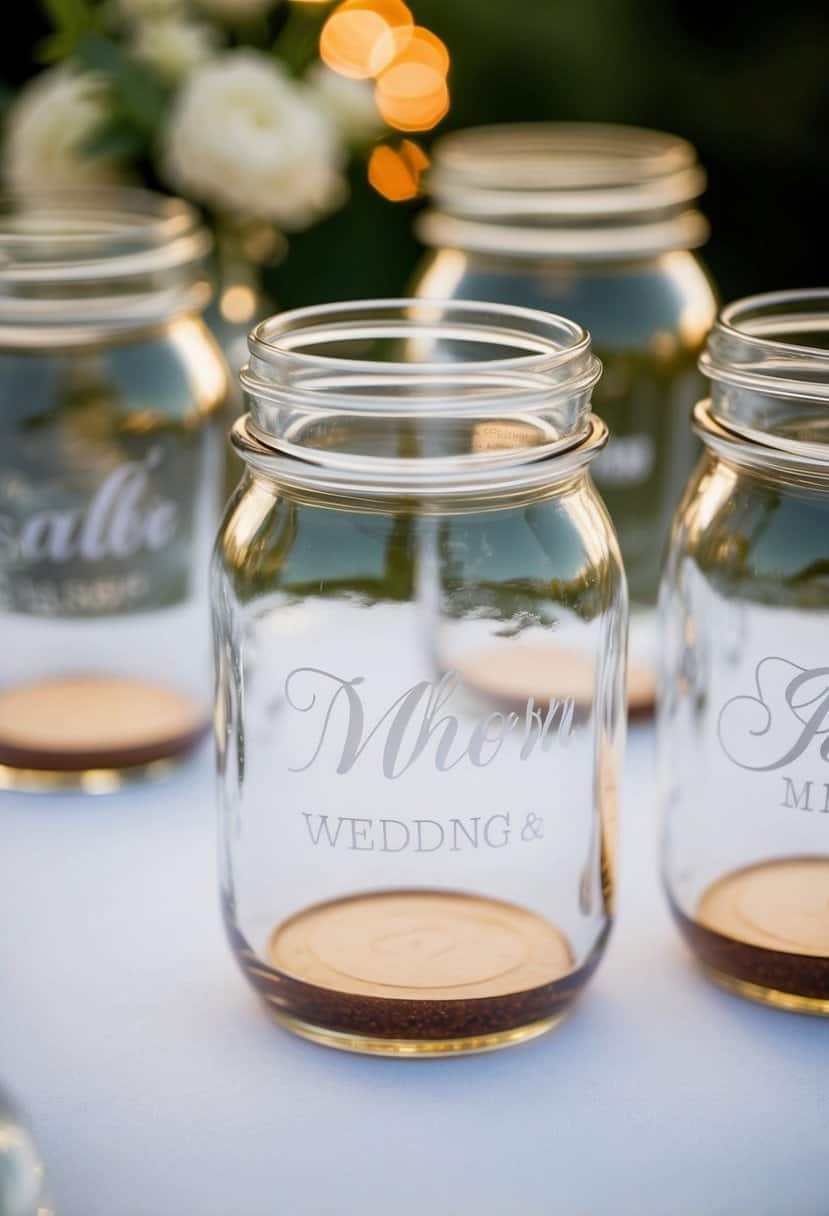 Glass name tags etched with guest names on jars for wedding table decor