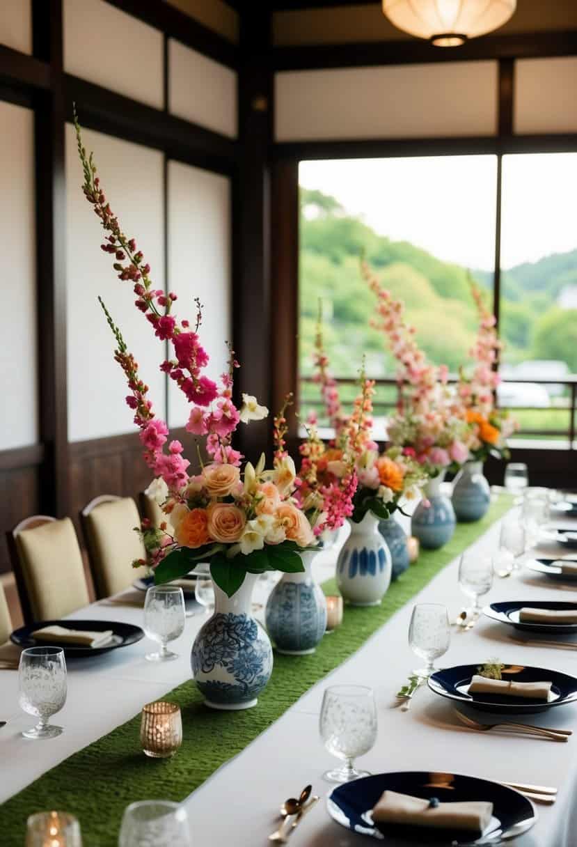A traditional Japanese wedding table adorned with intricate Ikebana floral arrangements in delicate vases