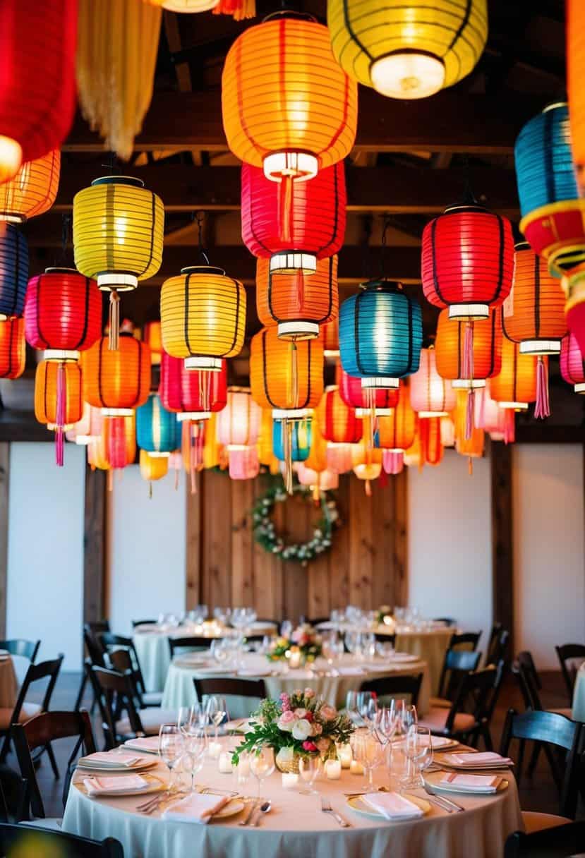 Colorful Japanese lanterns hang above a beautifully set wedding table, adding a festive and elegant touch to the traditional decor