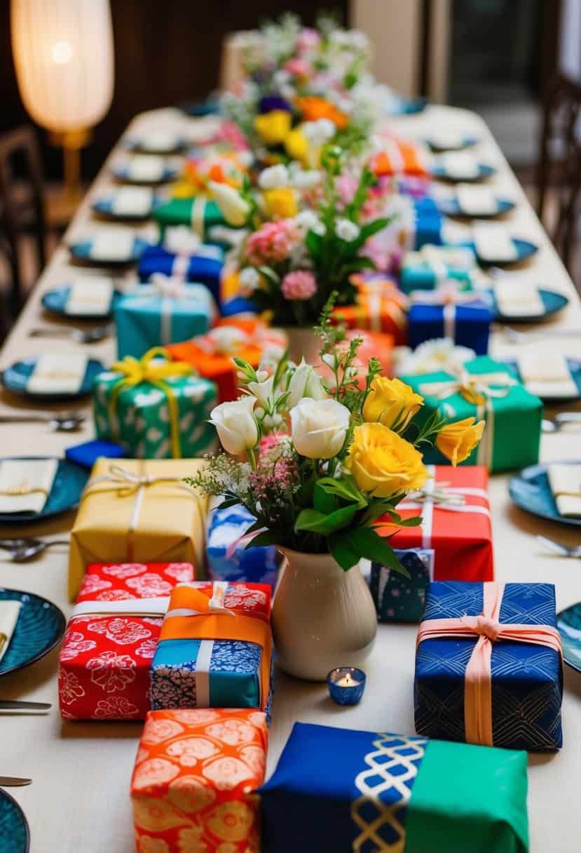 A traditional Japanese wedding table adorned with colorful furoshiki-wrapped gifts and delicate floral arrangements