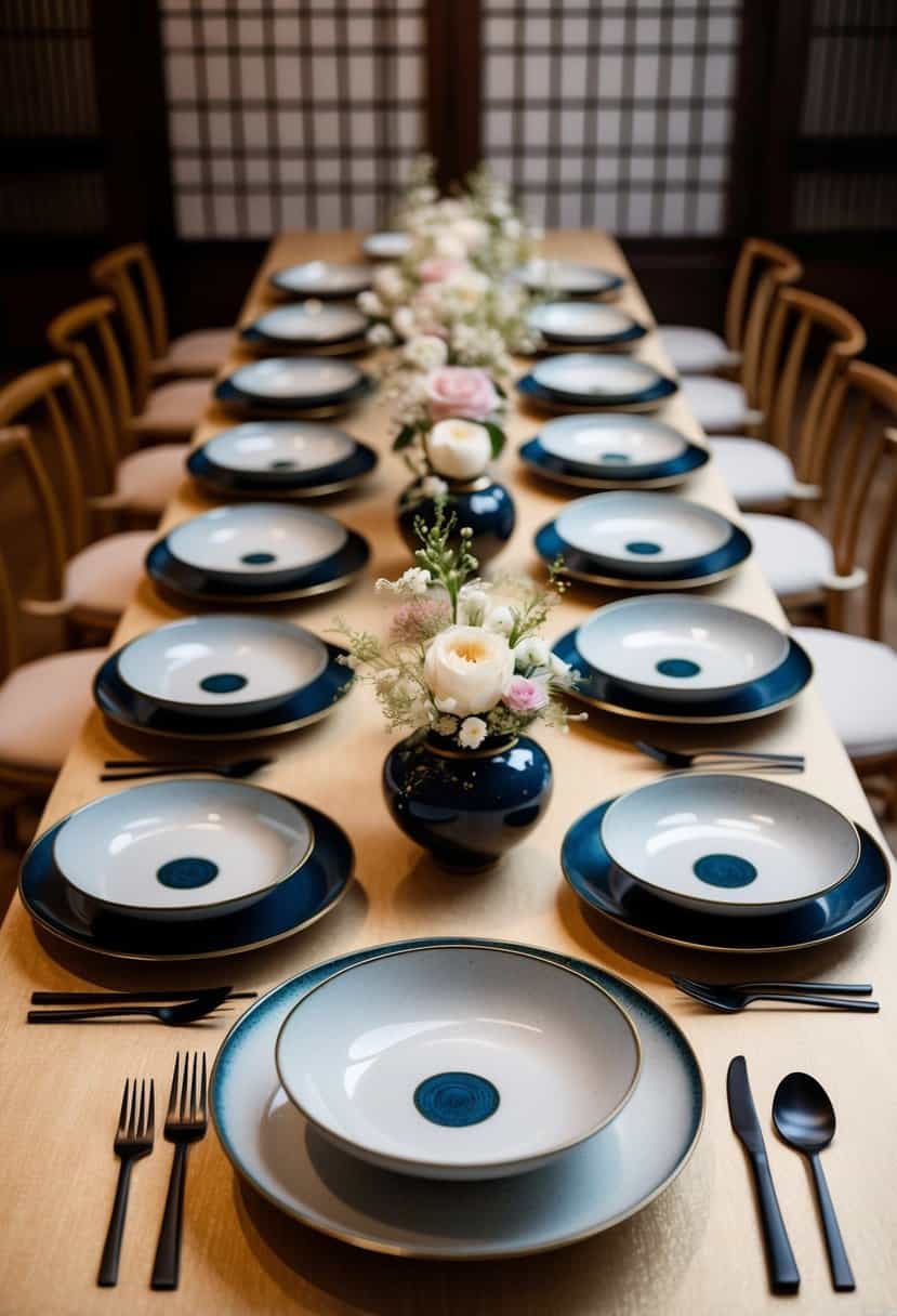 A set of elegant Kintsugi tableware arranged on a traditional Japanese wedding table, adorned with delicate floral decorations