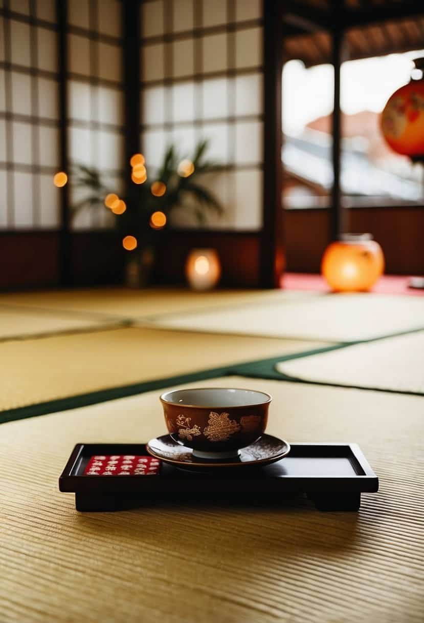 Tatami mats with traditional Japanese wedding table decor
