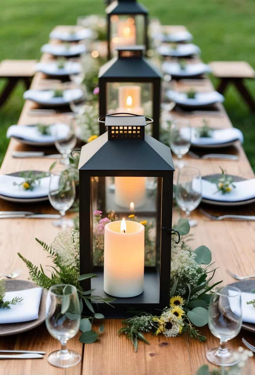 Rustic lantern centerpieces arranged on a wooden table with wildflowers and greenery for a June wedding