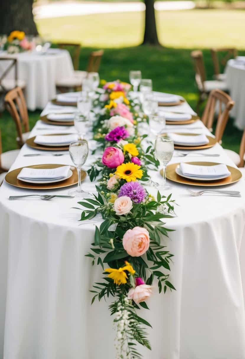 A table with a white tablecloth adorned with a vibrant floral table runner, set for a June wedding celebration