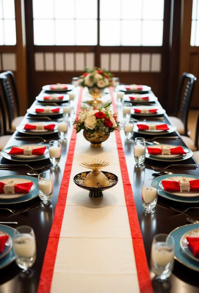 A traditional Japanese wedding table set with Shodo table runners and elegant decorations