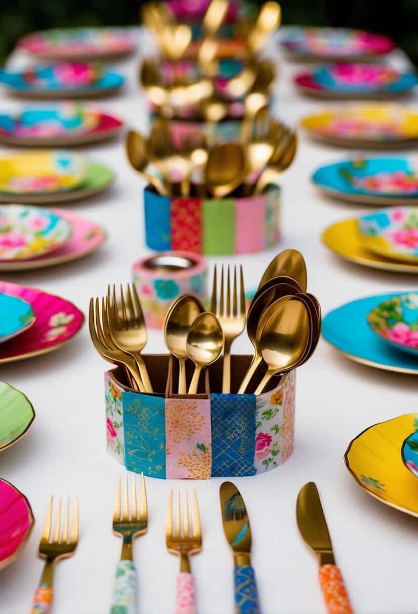 Colorful washi tape cutlery holders arranged on a Japanese wedding table, with delicate floral patterns and traditional designs