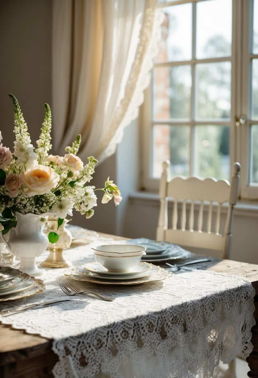 A lace tablecloth drapes over a rustic wooden table, adorned with delicate flowers and vintage china. Sunlight filters through a nearby window, casting a soft glow over the elegant setting