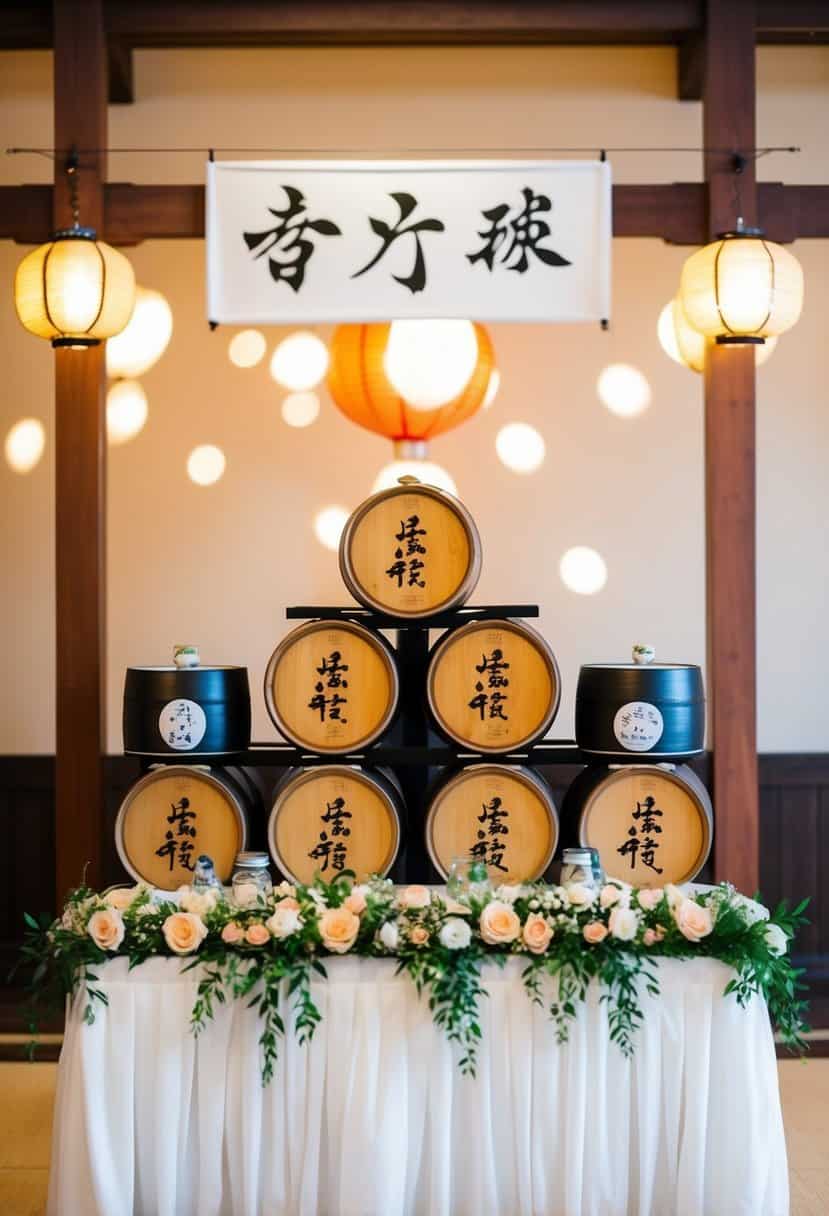 A traditional Japanese wedding table with a display of sake barrels as decoration