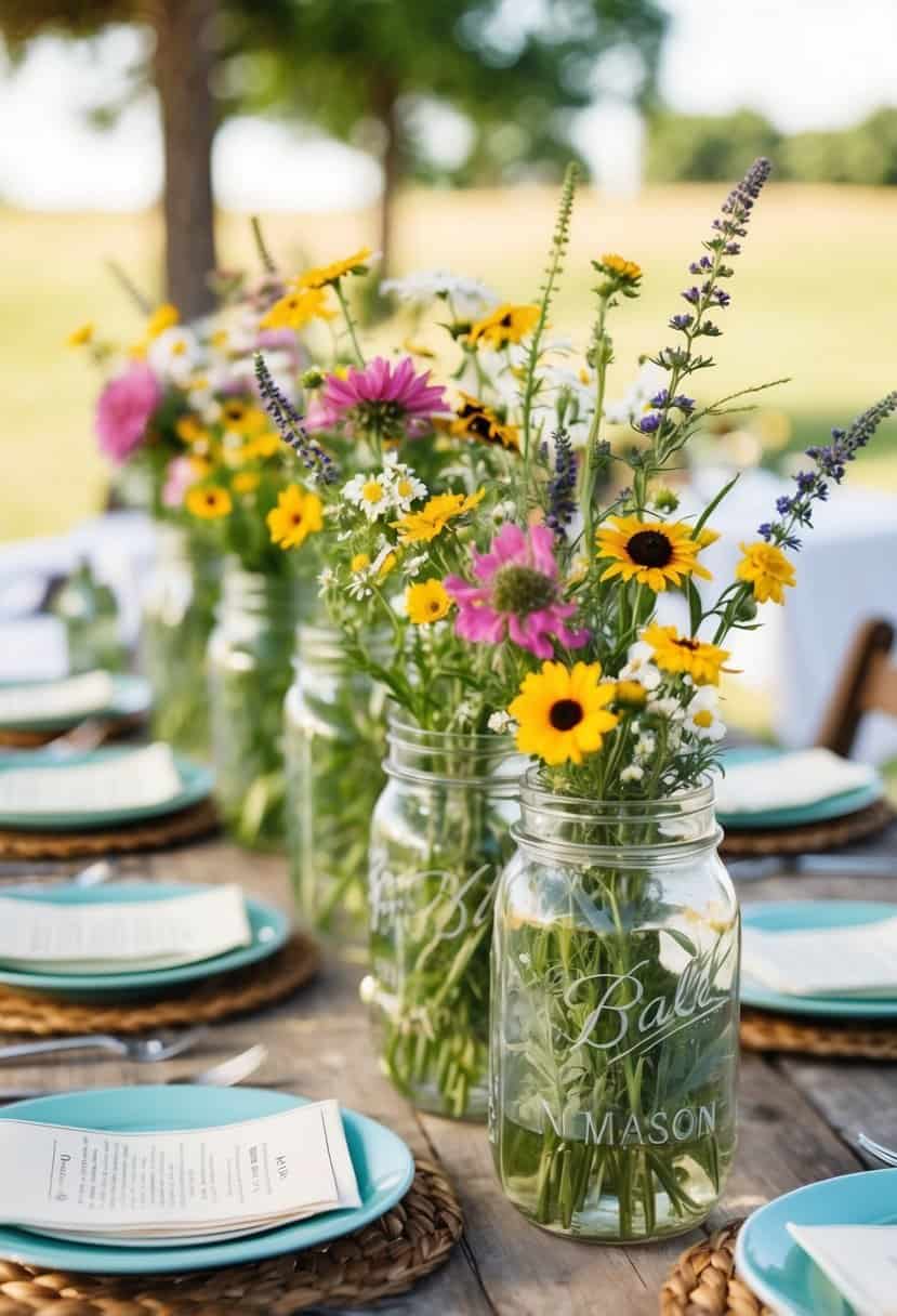 A rustic table adorned with mason jar vases filled with wildflowers, creating a charming centerpiece for a June wedding