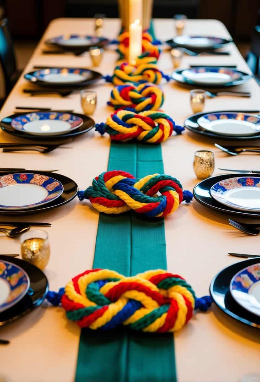 A traditional Japanese wedding table adorned with intricate Mizuhiki knot decorations in vibrant colors