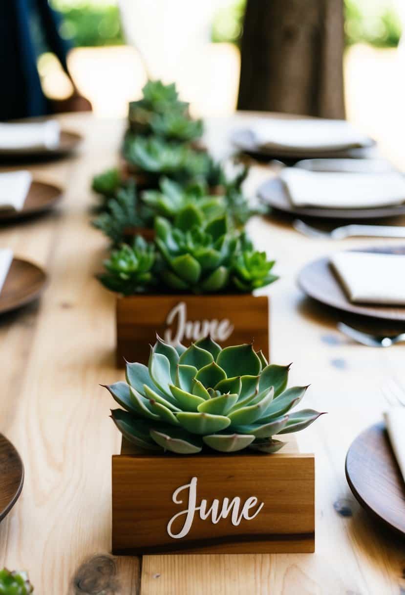 Lush succulents arranged on wooden place cards for a June wedding table decoration