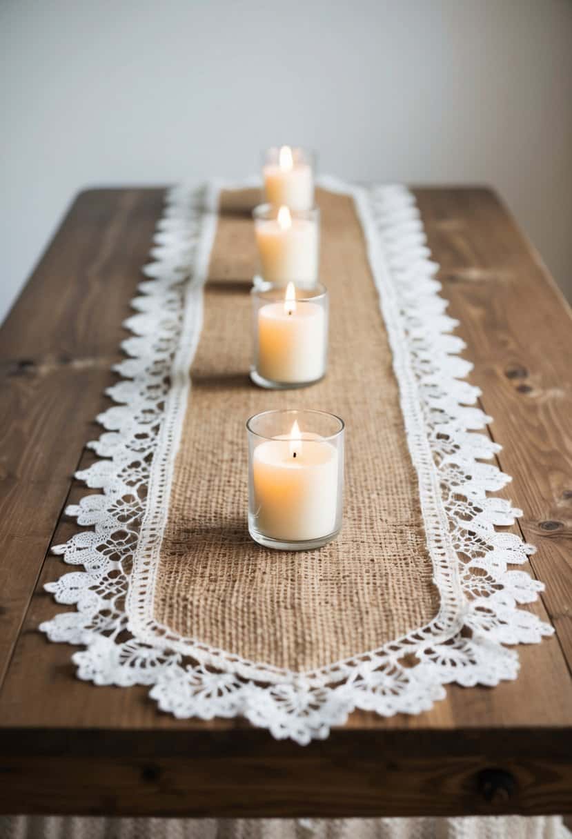 A rustic jute table runner adorned with delicate lace, set on a wooden table with soft candlelight