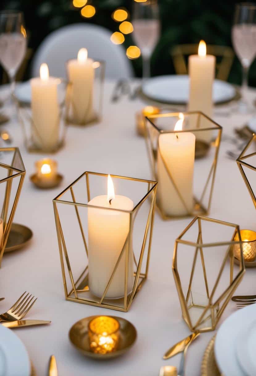Golden geometric candle holders arranged on a table with soft, romantic lighting, creating an elegant and sophisticated ambiance for a June wedding celebration