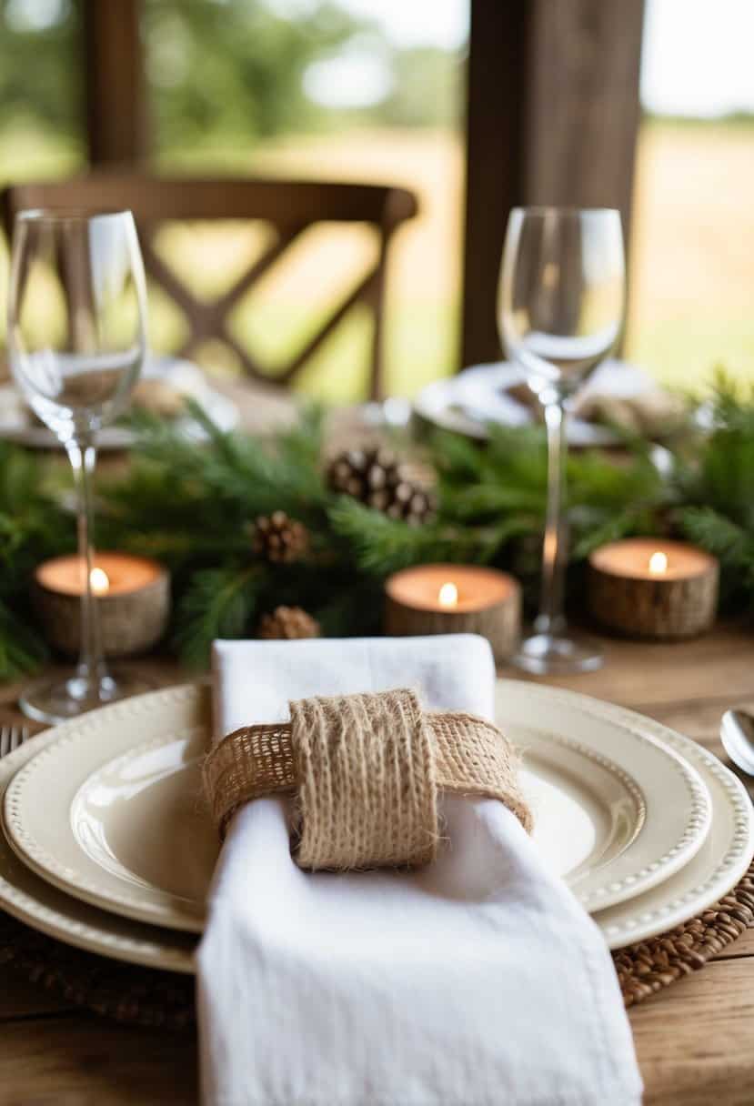A rustic table setting with jute ribbon napkin rings and natural decor