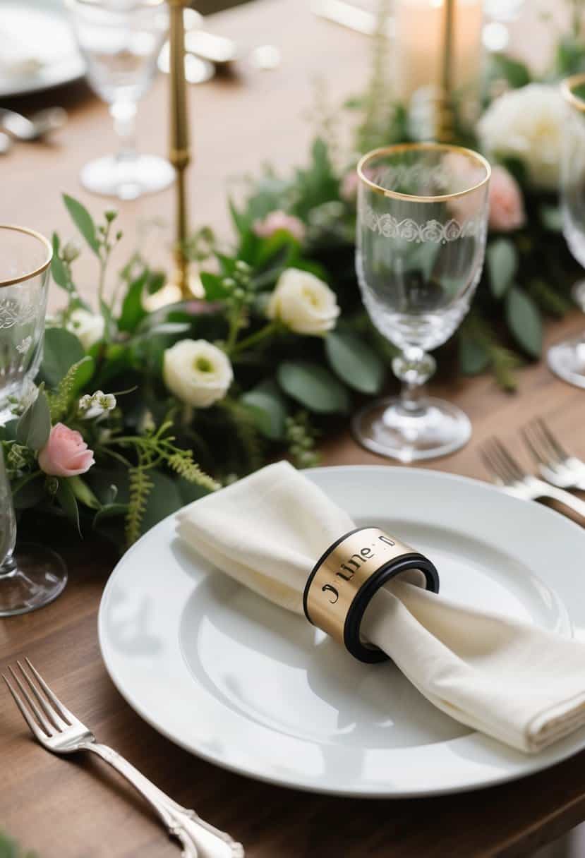 A table set with personalized napkin rings for a June wedding, adorned with delicate floral and greenery decorations