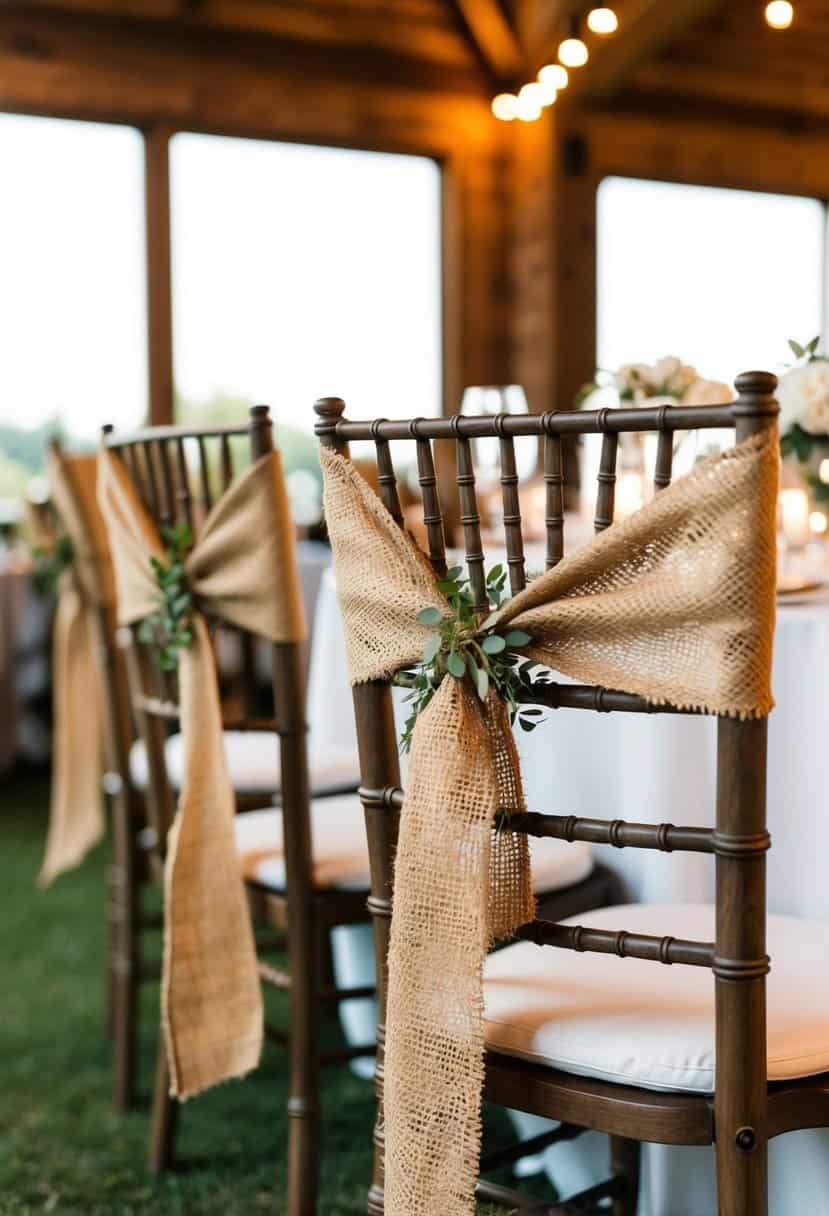 Jute and burlap chair sashes draped over wooden chairs at a rustic wedding reception table
