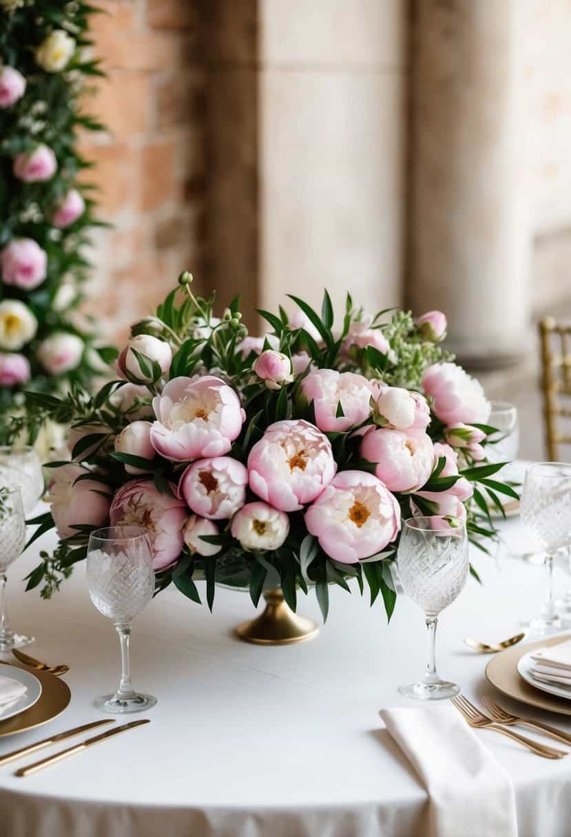 A table adorned with lush peony bouquets, set for a June wedding celebration