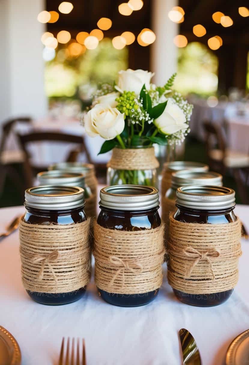 Vintage mason jars wrapped in jute, arranged as wedding table decorations