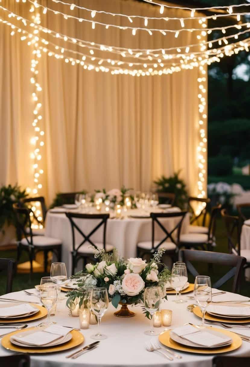 Twinkle light garlands drape over a June wedding table, casting a warm glow on delicate floral centerpieces and elegant place settings