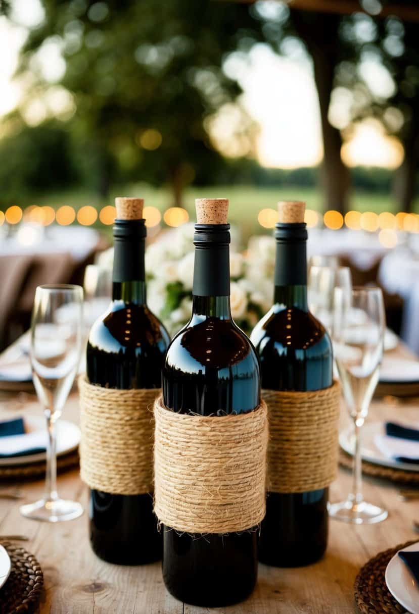 Jute-wrapped wine bottles arranged as rustic wedding table decorations