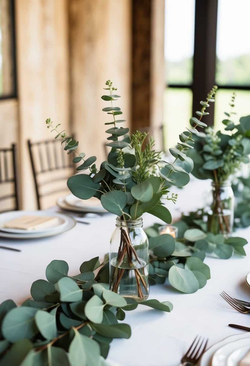 A table adorned with eucalyptus greenery accents for a June wedding