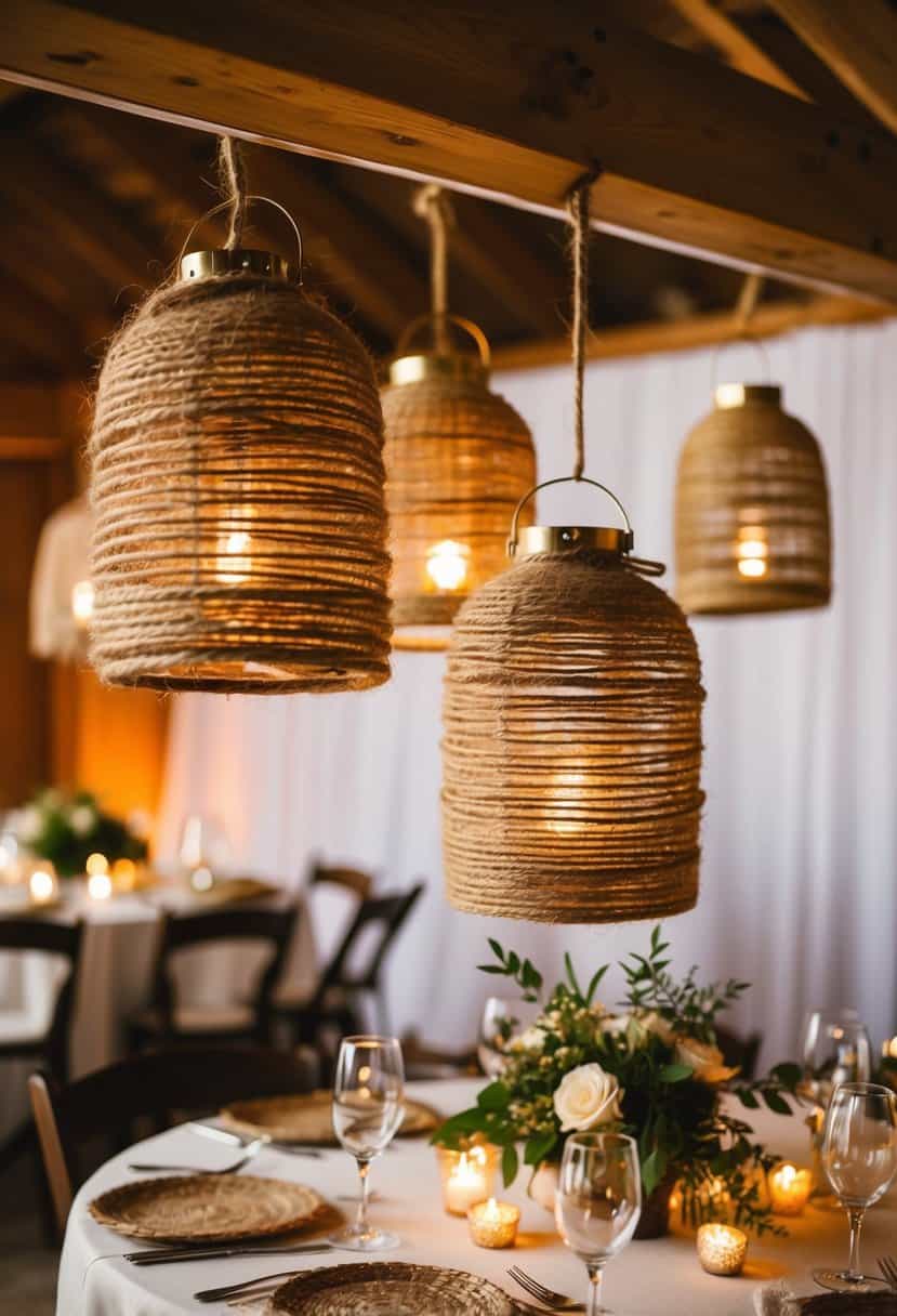 Rustic jute twine lanterns hang from a wooden beam, casting warm light on a wedding table adorned with natural jute decorations