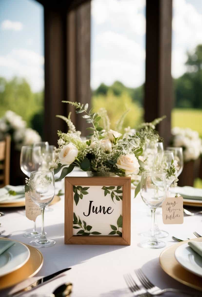A table adorned with personalized wedding favors and delicate June decorations