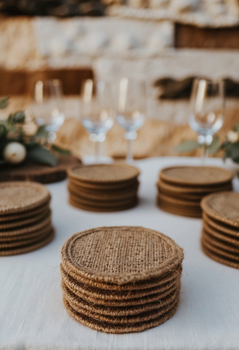 A rustic wedding table adorned with handmade jute coasters, set against a backdrop of natural textures and earthy tones