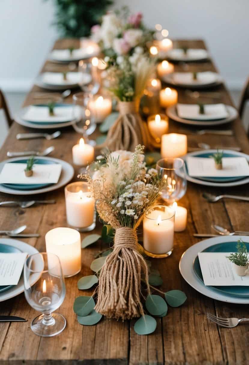 A rustic table adorned with jute tassel centerpieces, surrounded by flickering candles and delicate floral arrangements