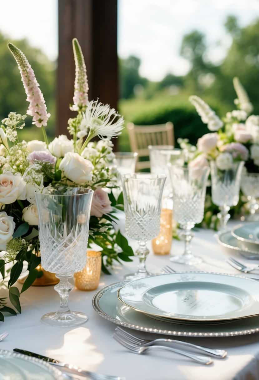 A table adorned with crystal glassware and delicate floral arrangements for a June wedding celebration