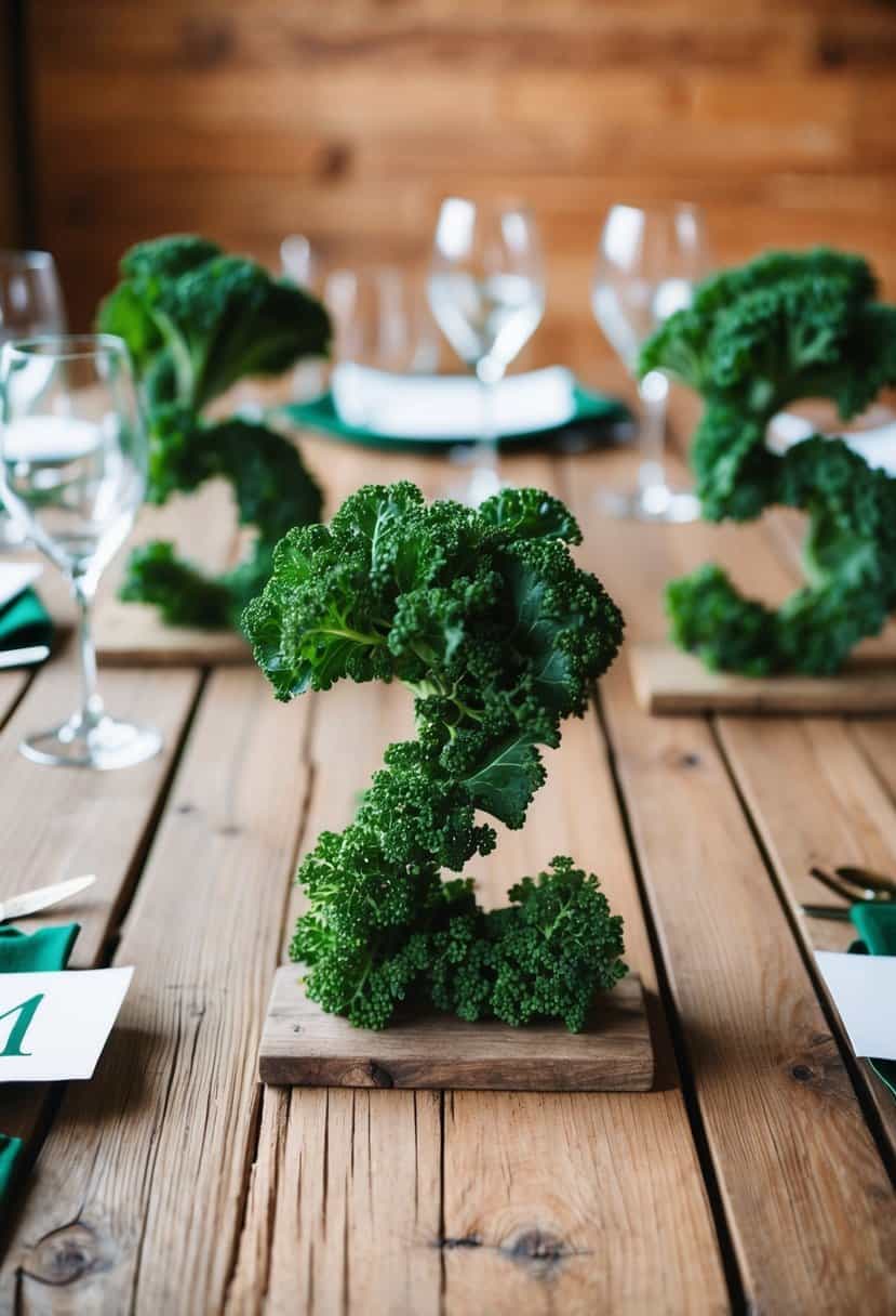 A rustic wooden table with kale-covered numbers as wedding table decorations