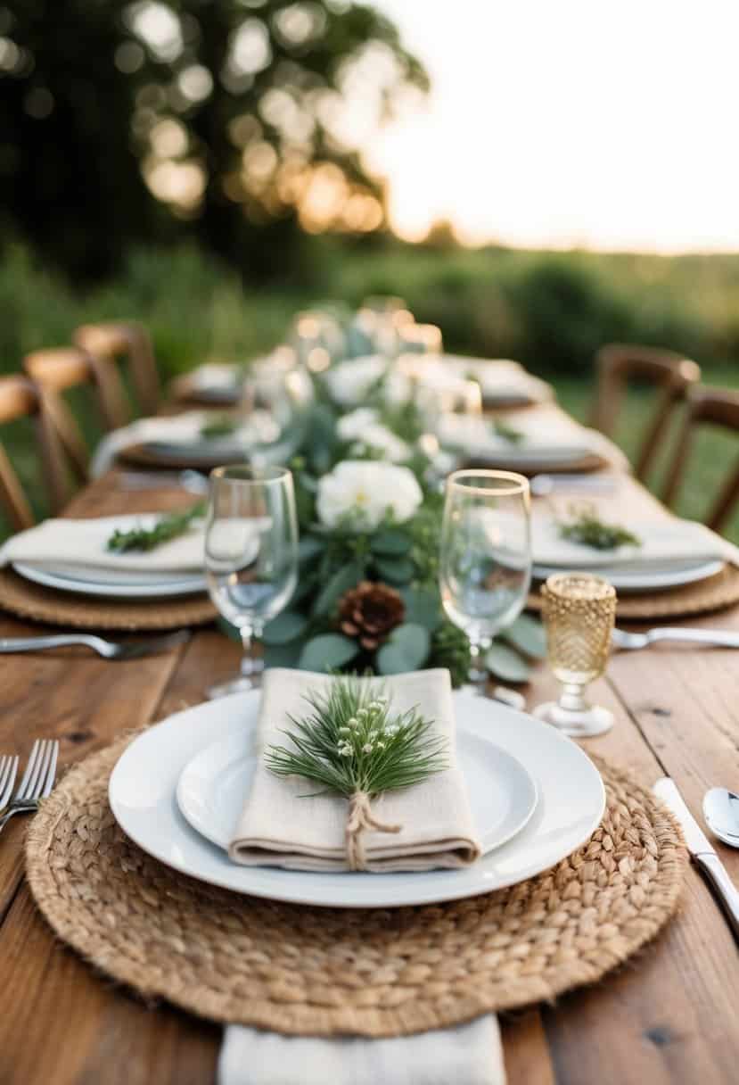 A rustic wedding table set with eco-friendly jute placemats and natural decor