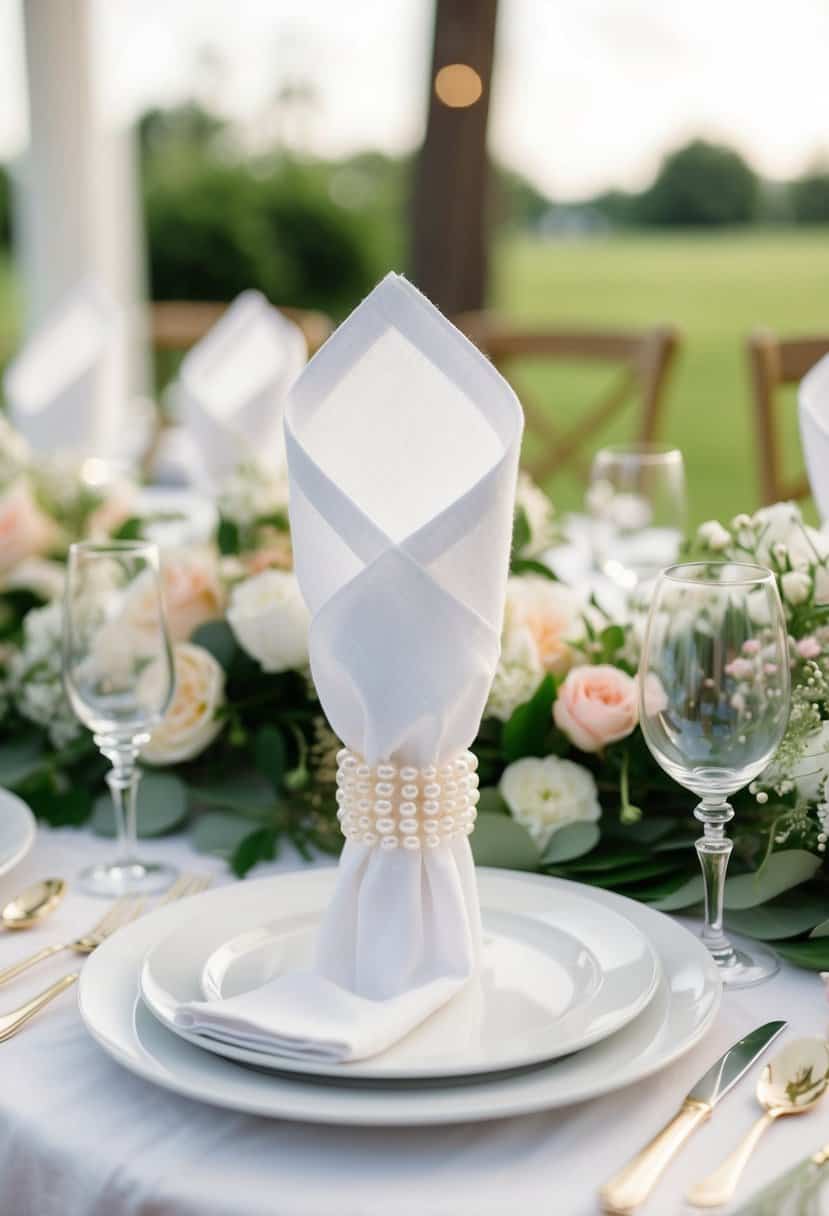 A table set with white linen napkins held by pearl napkin holders, surrounded by delicate floral centerpieces for a June wedding