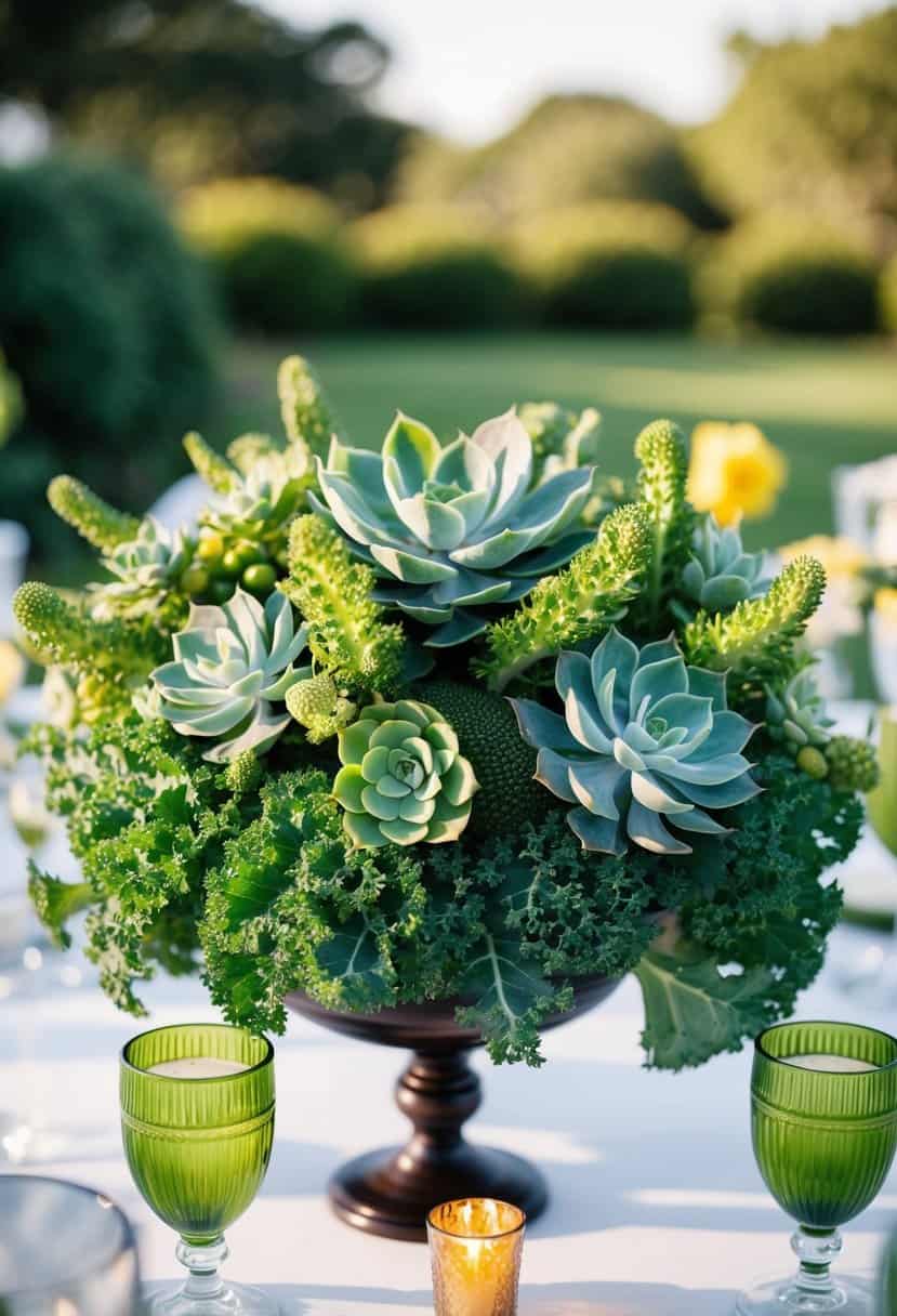 A lush centerpiece of kale and succulents adorns a wedding table, creating a vibrant and natural atmosphere