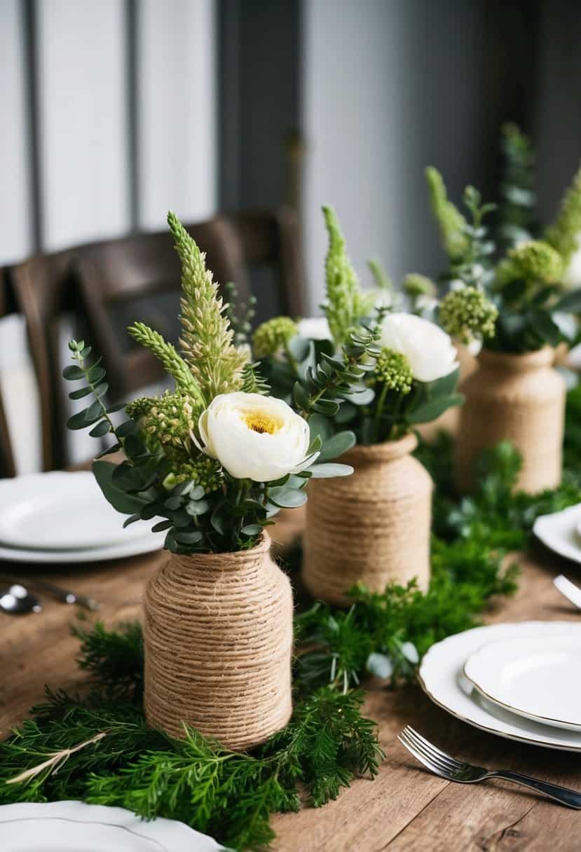 A rustic table setting with jute-wrapped flower vases and greenery