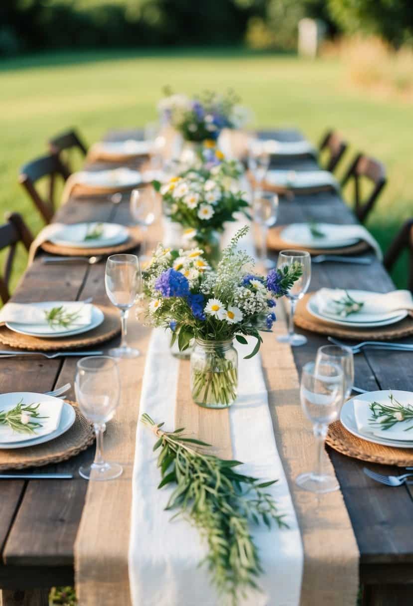 A rustic outdoor table set with burlap runners, adorned with wildflowers and candlelight for a June wedding celebration
