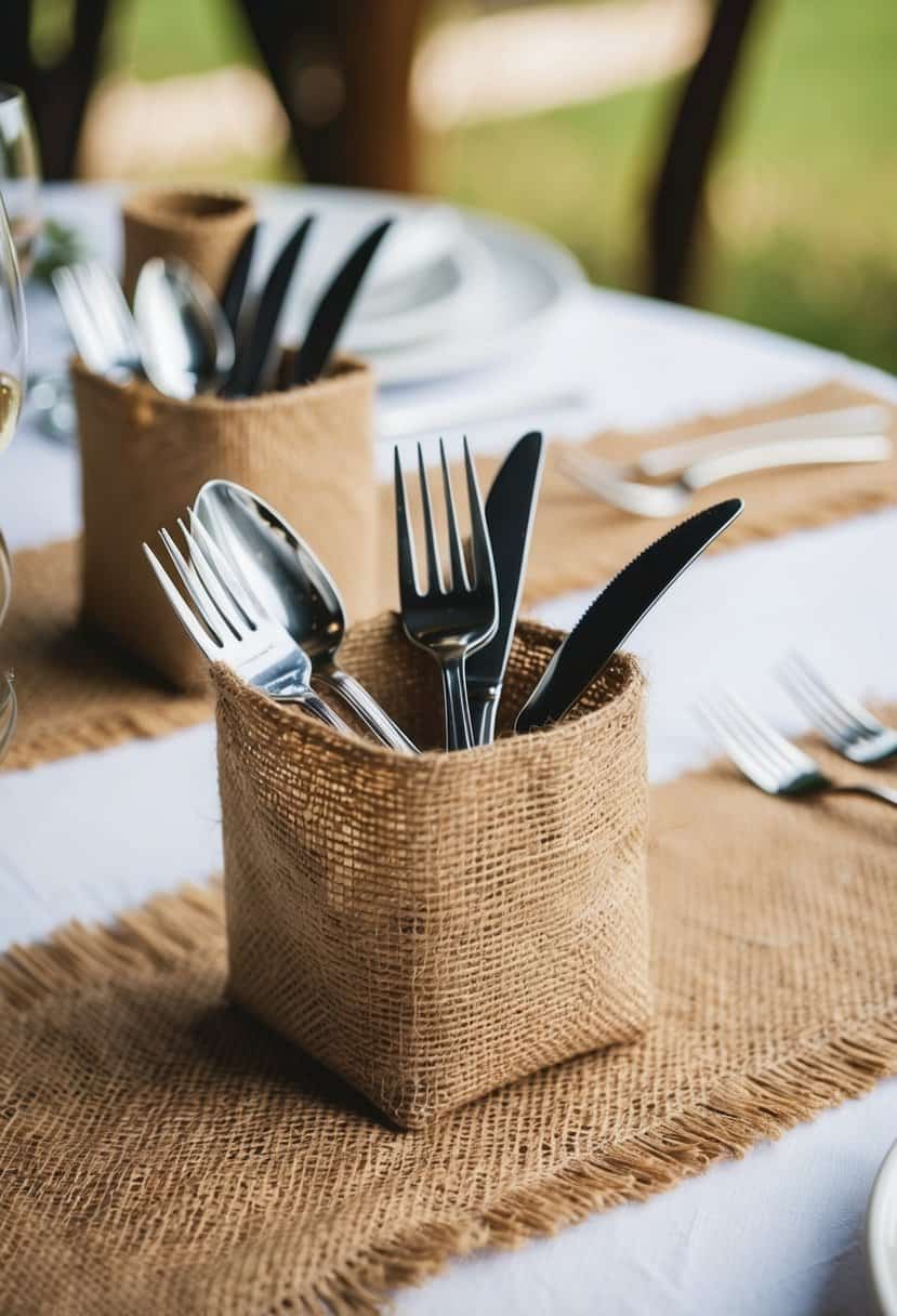 Burlap and jute cutlery holders arranged on rustic wedding table