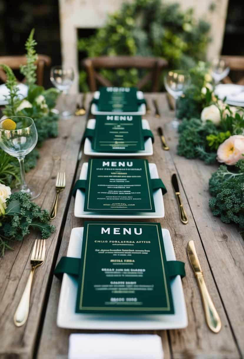 A rustic wooden table adorned with kale-inspired menu cards, surrounded by greenery and floral accents