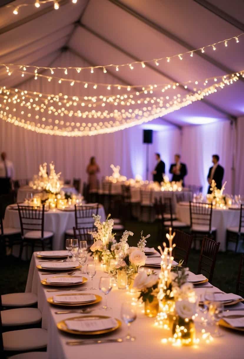 A table adorned with delicate fairy light centerpieces, casting a warm and enchanting glow over a June wedding reception