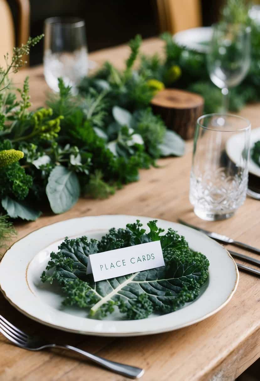 A rustic table setting with kale leaf place cards and natural greenery