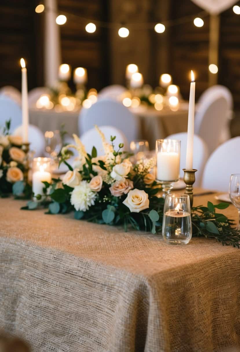 A rustic jute fabric tablecloth adorns a wedding reception table, complemented by delicate floral arrangements and flickering candlelight