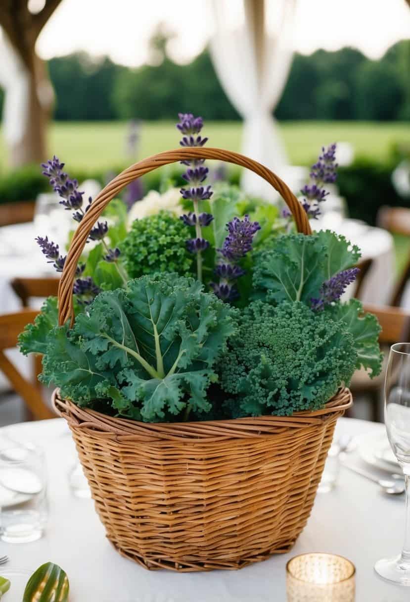 A woven basket filled with vibrant kale and fragrant lavender, arranged as a centerpiece for a wedding table